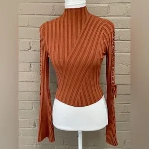 Fashion Nova Tops Fashion Nova Brown Lace Up Bell Sleeve